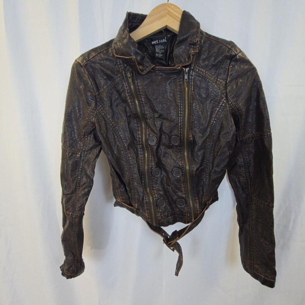 Wet Seal Jacket Juniors Large Brown Faux Leather Moto Biker Belted Zip Lined